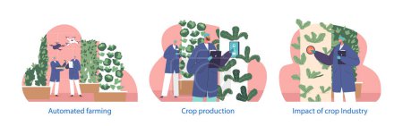 Téléchargez les illustrations : Les éléments vectoriels isolés avec des caractères s'engagent dans l'automatisation de l'industrie de la production végétale et de l'agriculture intelligente, ce qui implique l'intégration de la technologie, de la robotique et de l'Ai pour rationaliser les processus agricoles - en licence libre de droit