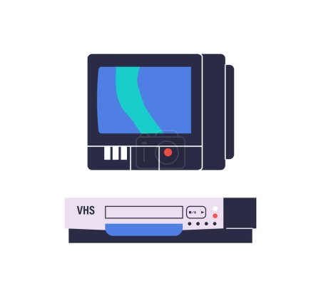 Illustration for Video Recorder and Tv Set Retro Electronic Devices, Classic Vintage Gadgets, Evoke Nostalgia With Their Analog Charm, Offering A Glimpse Into The Past Of Entertainment Technology. Vector Illustration - Royalty Free Image