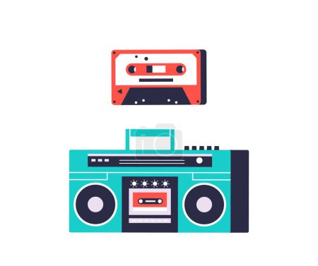 Ilustración de Grabadora de cinta vintage y cassette, un dispositivo electrónico retro icónico, recuerdos capturados y música con encanto analógico, una reliquia intemporal del pasado de audio aislado en blanco. Ilustración de vectores de dibujos animados - Imagen libre de derechos
