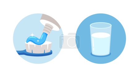Illustration for Round Icons Feature A Toothpaste On A Brush Bristle And A Water Glass, Representing Brushing Teeth And Staying Hydrated For Good Oral Health. Isolated Elements on White. Cartoon Vector Illustration - Royalty Free Image