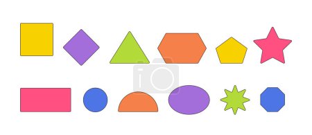 Illustration for Geometric Figures Set, Square, Circle, Triangle, And Rectangle, Star, Rhombus, Hexagon Or Pentagon And Semi-circle Shapes, Forming The Foundation Of Geometry. Cartoon Vector Illustration - Royalty Free Image