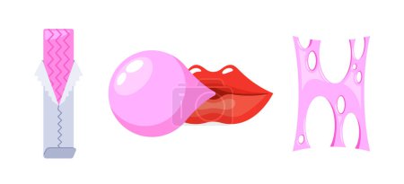 Ilustración de Gomas de mascar rosadas, sabrosas, golosinas de goma para una ráfaga rápida de refresco, y mantiene las bocas ocupadas y las mentes relajadas. Labios Soplando Burbuja, Palo y Mancha. Ilustración de vectores de dibujos animados - Imagen libre de derechos