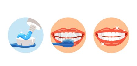 Step-by-step Scheme, Instruction On How To Brush Your Teeth Properly. Infographics Toothbrush, Toothpaste, Clean White Teeth For Oral Hygiene. Healthy Lifestyle Icons. Cartoon Vector Illustration