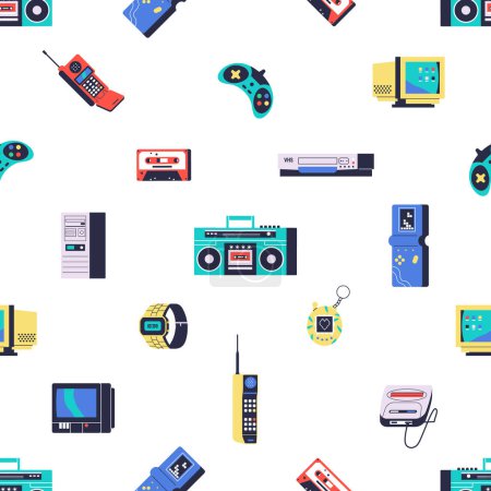 Illustration for Seamless Pattern Featuring Retro Electronic Devices Like Cassette Players, Phones, Watches, Tamagotchi And Vintage Computers, Creating A Nostalgic And Charming Tile Design. Cartoon Vector Illustration - Royalty Free Image