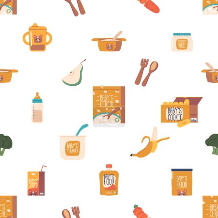Illustration for Delightful Seamless Pattern Featuring Cute Baby Foods From Milk Bottles And Spoons To Colorful Puree Jars or Juice Boxes. Perfect For Playful Nursery Or Baby-themed Design. Cartoon Vector Illustration - Royalty Free Image