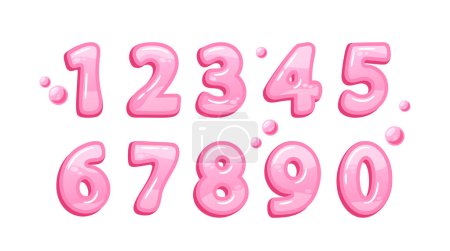 Ilustración de Números de goma de mascar, colorido, rosa brillante, dígitos masticables que añaden un toque juguetón al aprendizaje y la decoración. Dulce y vibrante, son perfectos para un pop de diversión y educación. Ilustración de vectores de dibujos animados - Imagen libre de derechos