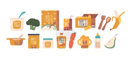 Illustration for Baby Nutrition Set Includes Formula, Baby Food, Bottles, Bibs, And Spoons, Cereals, Milk, Fruits, Vegetable and Yoghurt, To Nourish Little Ones Growth And Development. Cartoon Vector Illustration - Royalty Free Image