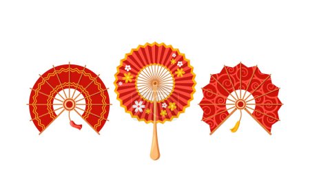 Ilustración de Abanicos de mano asiáticos rojos, adornados con vibrantes diseños dorados, borlas, materiales delicados, formas redondeadas y patrones de flores, mostrando artesanía oriental cultural. Ilustración de vectores de dibujos animados - Imagen libre de derechos