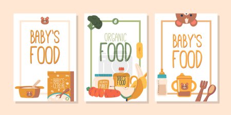 Illustration for Banners with Nutritious Organic Delights For Little Ones. Range Of Wholesome, Tasty Cereals, Puree, Juice, Milk or Porridge Options To Nourish And Delight Baby Taste Buds. Cartoon Vector Illustration - Royalty Free Image