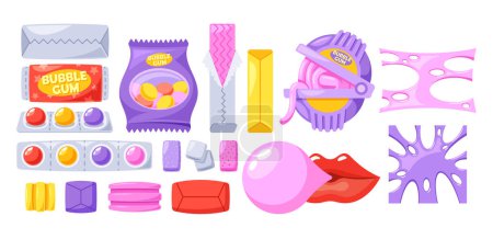 Illustration for Delightful Assortment Of Chewing Gum Flavors, Dragee, Stripes and Pads In A Sleek, Compact Set. Perfect For On-the-go Freshness And A Burst Of Minty Or Fruity Goodness. Cartoon Vector Illustration - Royalty Free Image