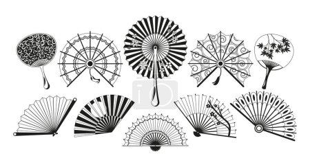 Illustration for Black and White Asian Fans Isolated Icons. Elegant, Handcrafted Treasures, Made Of Delicate Materials Like Silk And Bamboo. They Showcase Intricate Designs And And Art. Monochrome Vector Illustration - Royalty Free Image