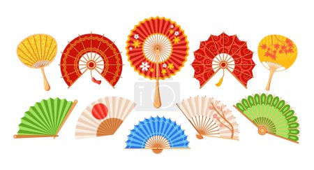 Ilustración de Vibrante colección de ventiladores asiáticos de mano adornados con diseños intrincados, colores ricos y artesanía delicada, que ofrece un vistazo al arte y la cultura del este. Ilustración de vectores de dibujos animados - Imagen libre de derechos