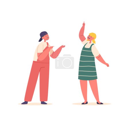 Illustration for Excited Little Children Boy And Girl Characters Pointing Fingers with Happy Faces. Cheerful Kids Directing Attention With Animated Gestures Of Innocence And Joy. Cartoon People Vector Illustration - Royalty Free Image
