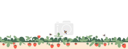 Téléchargez les illustrations : Strawberry And Bees Border. Élément de conception décorative disposée dans un motif horizontal. Cadre floral isolé avec des baies mûres, des feuilles vertes et des abeilles pollinisent les fleurs. Illustration vectorielle de bande dessinée - en licence libre de droit