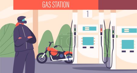 Illustration for Female Motorcyclist Character Refuels Her Bike At A Gas Station, with Determined Efficiency, Her Leather-clad Presence Exuding Confidence And Independence. Cartoon People Vector Illustration - Royalty Free Image