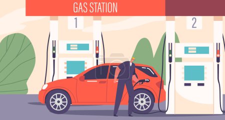 Illustration for Worker Male Character in Uniform Diligently Refuels A Car At The Gas Station, Ensuring A Smooth And Efficient Process To Keep Vehicles On The Move. Cartoon People Vector Illustration - Royalty Free Image