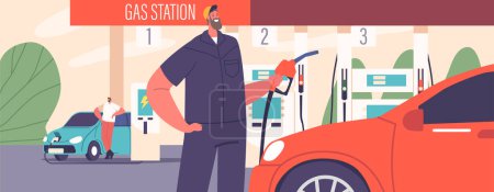 Ilustración de El carácter masculino del trabajador realimenta un coche en la gasolinera, manejando eficientemente la boquilla, asegurando una transacción suave y rápida para mantener los vehículos en movimiento. Dibujos animados Gente Vector Ilustración - Imagen libre de derechos