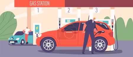 Illustration for Diligent Worker Male Character Refuels A Car At The Gas Station, Efficiently Pumping Fuel Into The Vehicle Tank, Ensuring A Smooth And Timely Refueling Process. Cartoon People Vector Illustration - Royalty Free Image