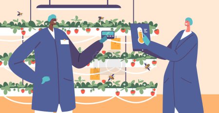 Illustration for Automation Of Strawberry Production in the Indoors Vertical Garden. Worker Characters Using Smart Technology And Ai To Perform Tasks Such As Planting, Harvesting, And Monitoring, Increasing Efficiency - Royalty Free Image