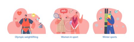 Illustration for Isolated Elements with Dedicated Male And Female Athlete Characters Exhibit Relentless Training, And Exceptional Skill, Embodying Epitome Of Athleticism In Sports. Cartoon People Vector Illustration - Royalty Free Image