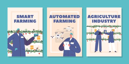 Ilustración de Los banners de automatización agrícola y agricultura inteligente con personajes utilizan tecnologías innovadoras, robótica y Ai para agilizar el proceso de producción de fresas, mejorar la eficiencia y aumentar los rendimientos en la agricultura - Imagen libre de derechos