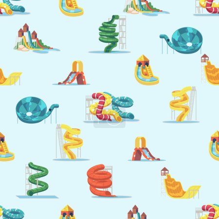Illustration for Lively Seamless Pattern Featuring Colorful Water Slides, Perfect For A Summer-themed Design. Joyful And Vibrant, It Captures The Excitement Of A Water Park Adventure. Cartoon Vector Tile Background - Royalty Free Image