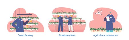 Ilustración de Elementos vectoriales aislados con personajes que participan en la automatización agrícola de la industria de producción de fresas y la agricultura inteligente, que implica la integración de la tecnología, la robótica y las innovaciones de Ai - Imagen libre de derechos