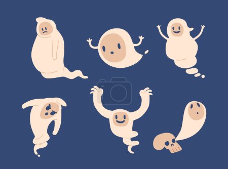Illustration for Halloween Ghost Monster Characters. Adorable Phantoms With Mischievous Charm, Playfully Frightens With A Cheerful Boo, Adding A Cute And Friendly Twist To The Spooky Theme. Cartoon Vector Illustration - Royalty Free Image