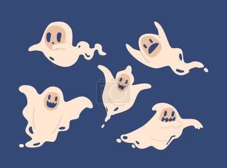 Illustration for Cartoon Halloween Ghosts Characters Flying With A Playful Emotions. Isolated Cute And Adorable Spook Personages. Charming And Whimsical Spooky Phantoms Celebrate Holiday. Vector Illustration - Royalty Free Image