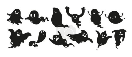 Téléchargez les illustrations : Black Halloween Fantômes icônes. Adorables fantômes avec des expressions espiègles sur fond blanc, effraie avec un Boo joyeux, ajoutant une touche mignonne et amicale à la saison effrayante. Illustration vectorielle - en licence libre de droit