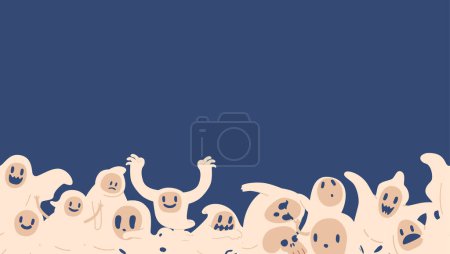 Illustration for Halloween Ghosts Pattern. Background With Creepy Spook Emotions And Face Expressions. Graphic Design For Greeting Card Or Banner With Funny Phantoms Smile, Yell, Grin, Sad. Cartoon Vector Illustration - Royalty Free Image