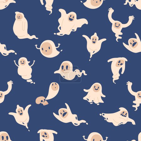 Illustration for Cartoon Halloween Ghosts Pattern. Background With Creepy Spooks Emotions And Face Expressions. Ornament For Wrapping Paper, Web Design Or Greeting Card With Funny Phantoms. Cartoon Vector Illustration - Royalty Free Image