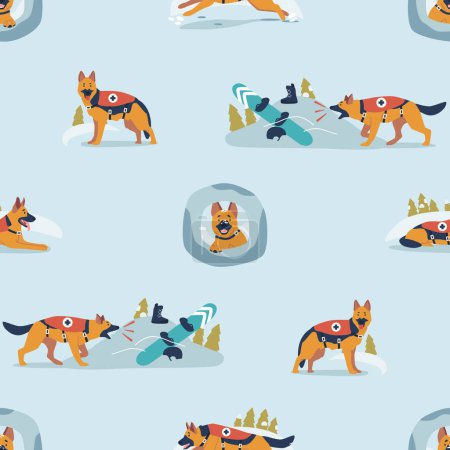 Illustration for Seamless Pattern Featuring Adorable Rescuer Dogs In Various Actions and Poses, Capturing Spirit Of Compassion And Loyalty. Perfect For Animal Lovers And Dog Enthusiasts. Cartoon Vector Illustration - Royalty Free Image