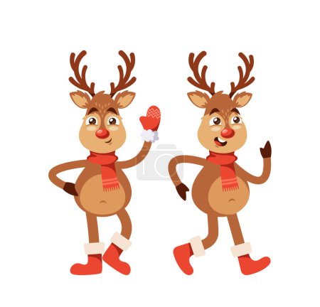 Téléchargez les illustrations : Joyeux personnage de cerf de Noël, orné de gants rouges, d'une écharpe et d'un nez rouge vif, incarne l'esprit festif avec sa présence joyeuse, répandant la joie des fêtes à tous. Illustration vectorielle de bande dessinée - en licence libre de droit