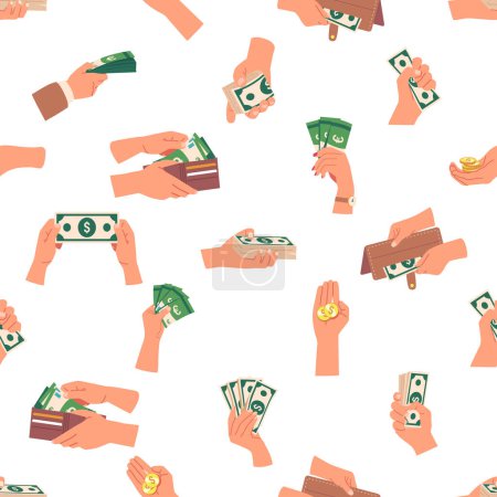 Illustration for Seamless Pattern Featuring Diverse Hands Holding Dollar and Euro Money Bills, Coins, Representing Financial Success, Unity, And Prosperity In A Vibrant And Dynamic Design. Cartoon Vector Illustration - Royalty Free Image