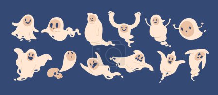 Illustration for Cartoon Halloween Ghosts. Adorable White Sheet Phantoms With Mischievous or Cpooky Expressions, Frightens With A Cheerful Boo, Adding A Cute And Friendly Twist To Spooky Season. Vector Illustration - Royalty Free Image
