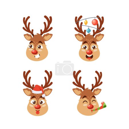 Illustration for Cartoon Comical Christmas Deer Character Face, Adorned With Goofy Grins And Light Garland in Antlers, Radiates Festive Cheer, Promising Holiday Laughter And Merriment For All. Vector Illustration - Royalty Free Image