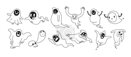 Illustration for Linear Halloween Ghosts Isolated Icons Set. Outline Phantom Characters Flying, Cute And Adorable Spook Personages. Charming And Whimsical Spooky Phantoms Celebrate Holiday. Vector Line Art llustration - Royalty Free Image