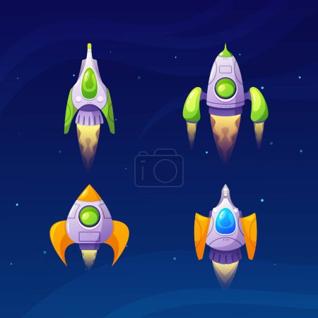 Illustration for Cartoon Alien Space Ships, Ufo Rockets, Fantasy Bizarre Shuttles, Computer Game Graphic Design Elements, Cosmic Collection Of Funny Spaceships Isolated On Blue Background Vector Illustration Set - Royalty Free Image