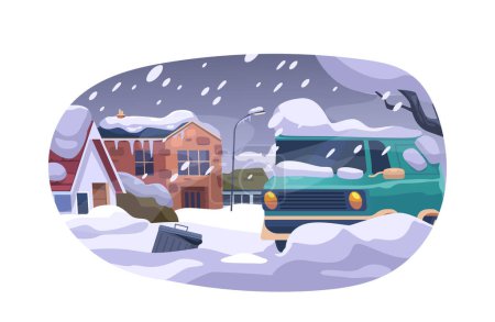 Illustration for Isolated Element Depicting Dangerous Blizzard at Countryside Town with Houses, Trees and Cars Covered with Heavy Snow. Frozen Nature, Desolate World Of Snow And Ice. Cartoon Vector Illustration - Royalty Free Image