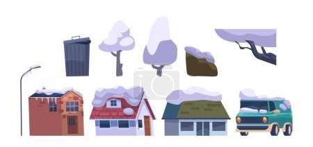 Illustration for Isolated Elements or Icons, Cottage Houses, Trees, Car, Litter Bin and Street Light Covered with Snow and Ice. Blizzard Disaster, Winter, Snowfall on White Background. Cartoon Vector Illustration - Royalty Free Image