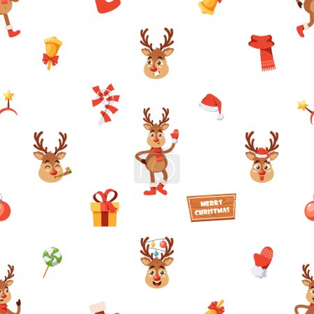 Illustration for Seamless Pattern with Charming Cartoon Christmas Deer Character. Tile Background Adorned With Festive Sweets, Gloves, Scarf and Gifts, Bell and Banner. Seasonal Motif, Ornament. Vector Illustration - Royalty Free Image