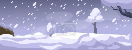 Téléchargez les illustrations : Blizzard balaie la campagne, blanchit les arbres et le paysage serein dans une couche épaisse de neige, créant un pays des merveilles d'hiver gelé, tranquille et traître. Illustration vectorielle de bande dessinée - en licence libre de droit