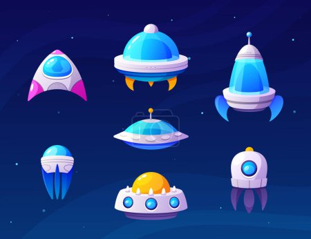 Illustration for Alien Space Ships, Ufo Rockets, Cosmic Collection Of Funny Spaceships Isolated On Blue Background. Fantasy Bizarre Shuttles, Computer Game Graphic Design Elements. Cartoon Vector Illustration Set - Royalty Free Image