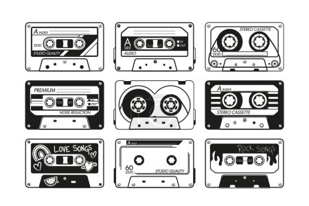 Ilustración de Set de iconos de cassette de audio vintage en blanco y negro. Símbolos de tecnología de audio retro con un sentimiento nostálgico. Perfecto para música, nostalgia y diseños retro-temáticos. Ilustración vectorial monocromática - Imagen libre de derechos