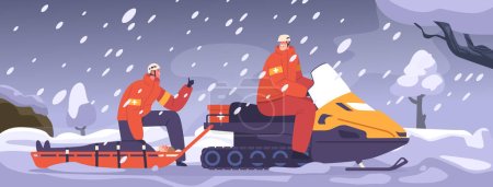 Engagierte Retter evakuieren Opfer auf Schneemobil während Blizzard, kämpfen gegen die Raserei der Natur, um Leben zu retten und Hilfe bei Naturkatastrophen zu leisten. Cartoon People Vektor Illustration