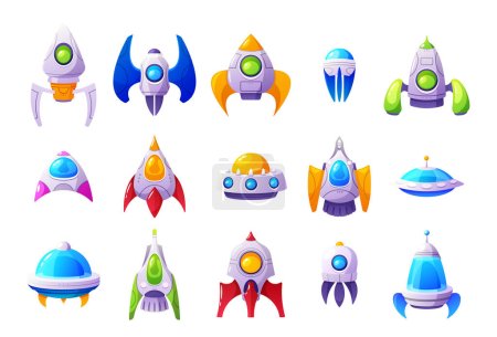 Illustration for Cartoon Spaceships Game Icons. Sleek, Futuristic Spacecrafts With Vibrant Colors And Dynamic Designs, Embodying Intergalactic Adventures And Thrilling Space Battles For Gamers. Vector Illustration - Royalty Free Image