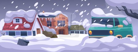 Illustration for Relentless Blizzard Disaster Blankets The Tranquil Countryside with Cars and Cottages, Freezing Everything In Its Path. Trees Bow Under Heavy Snow, And World Turns Silent. Cartoon Vector Illustration - Royalty Free Image