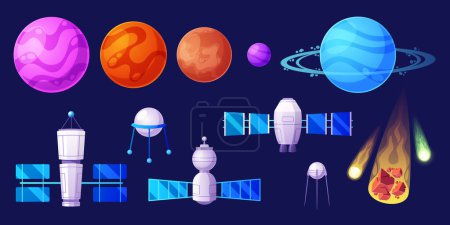 Illustration for Cosmic Game Set of Space Objects. Isolated Planets, Stars, Satellites And Asteroids, Gui Elements For Interstellar Fun. Cartoon Universe Items and Technology for Gaming Experience. Vector Illustration - Royalty Free Image