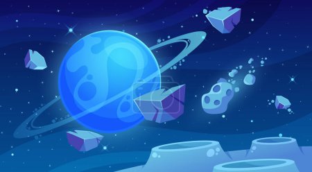 Illustration for Mesmerizing Cartoon Space Background for Game. Infinite Canvas Of Stars, Swirling Nebulae, And Galaxies, Meteorites Falling on Planet Surface with Craters in Cosmic Universe World. Vector Illustration - Royalty Free Image